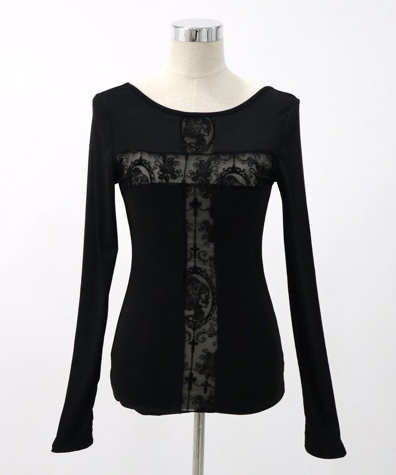 ドクロレース透け十字架長袖カットソートップス – レディース