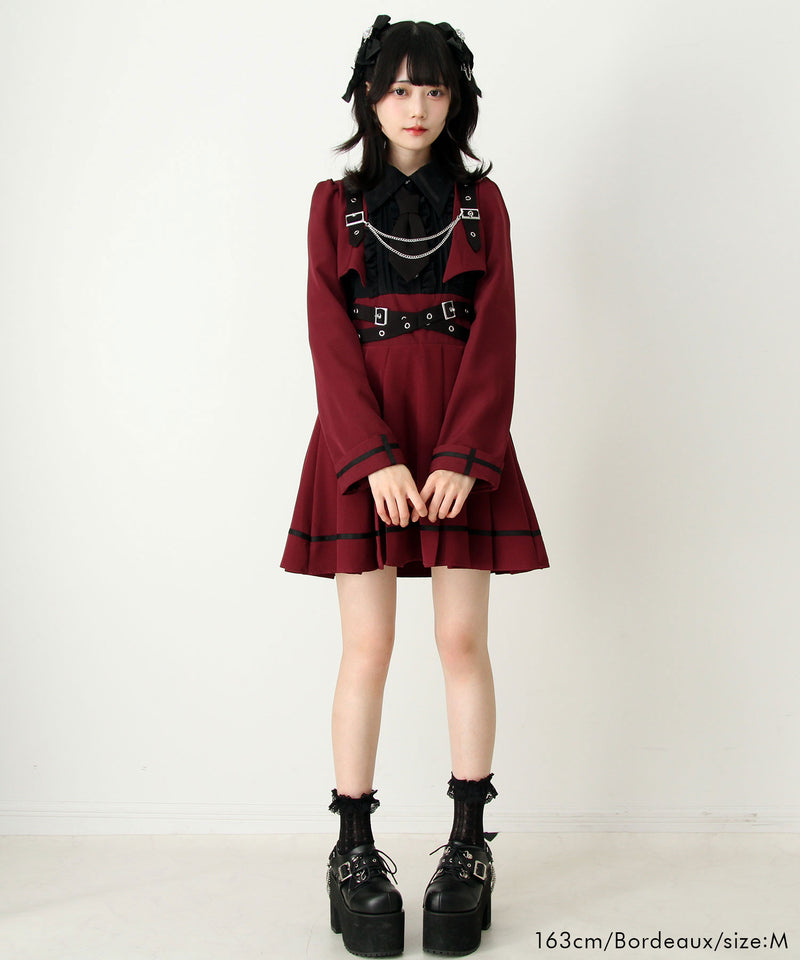 ジャケット風チェーンネクタイベルトプリーツワンピース – レディース