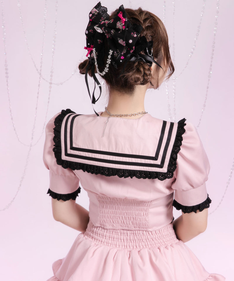 フリルセーラーカラークロップド丈半袖トップス【セットアップ可