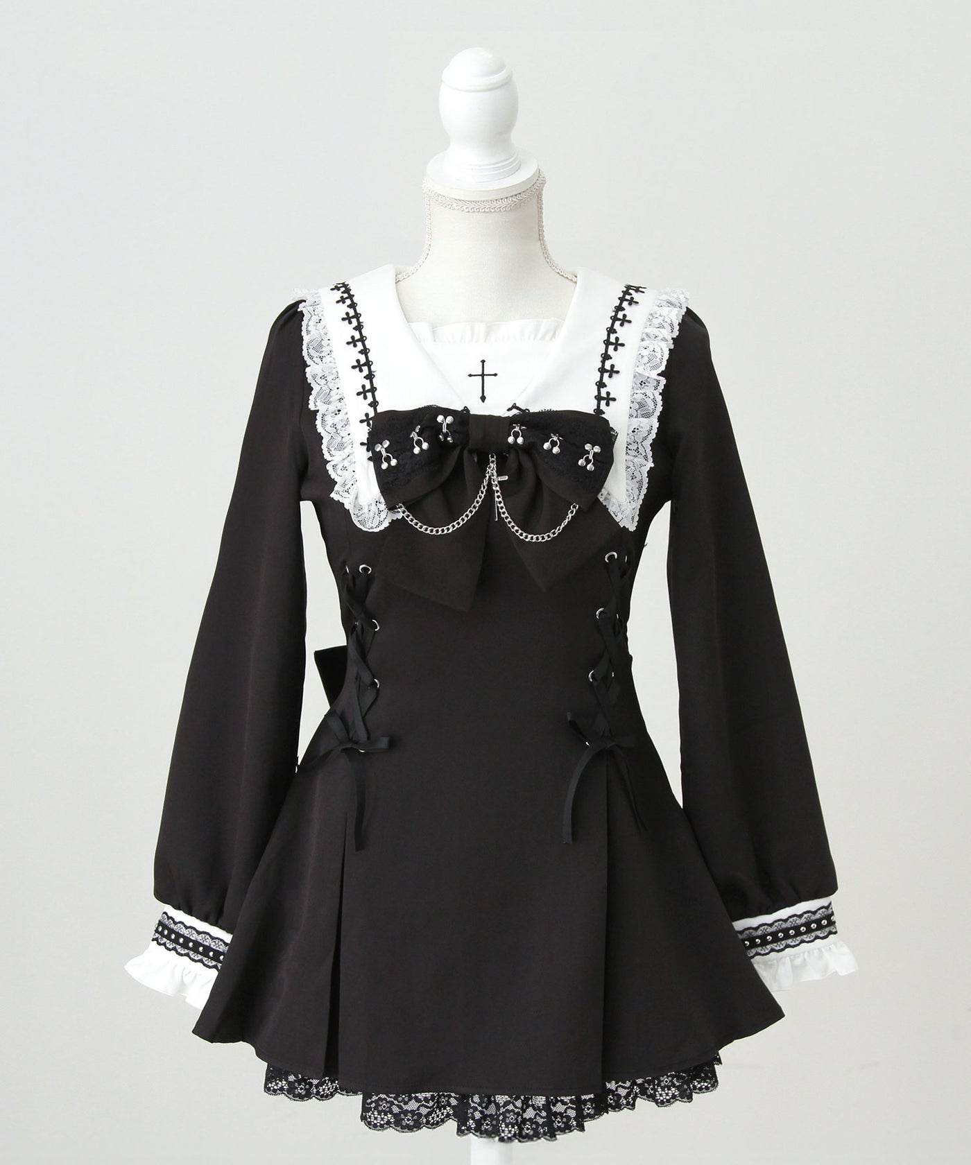 十字架クロススタッズチェーンレースアップフリルセーラーワンピース
