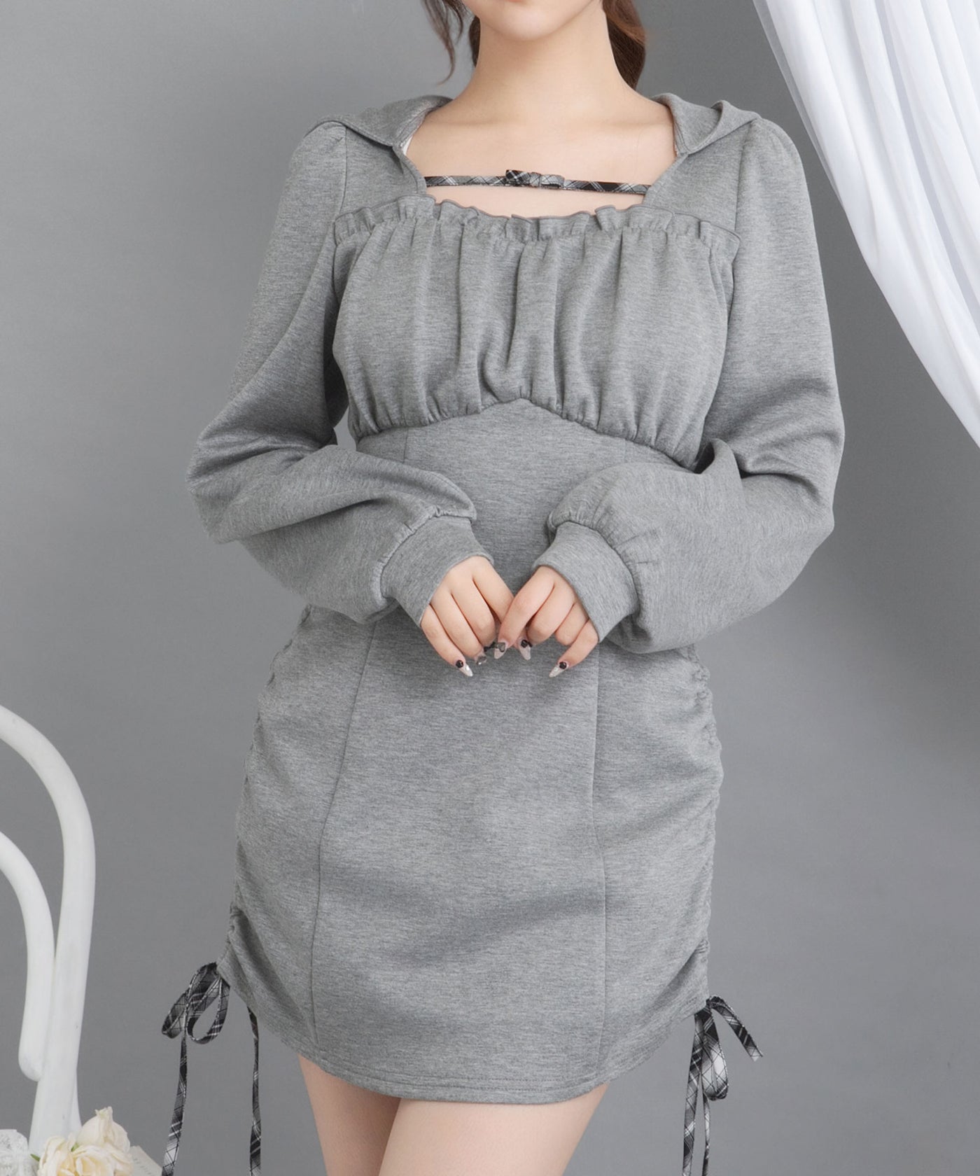 ヨークギャザーフードミニワンピース【大きいサイズ有り