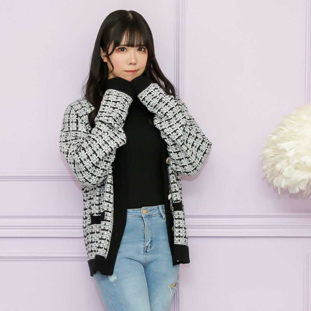 ツイード調編みバイカラーニットカーディガン【ワンピース