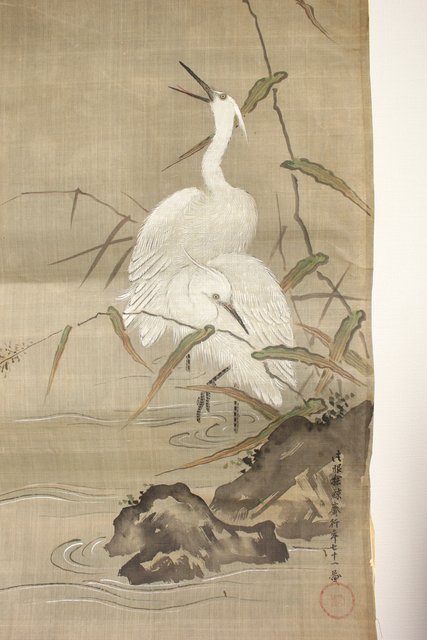 鶴澤探鯨 狩野派 まくり 彩色 絹本『白鷲』 Z079｜骨董店 のびる 古