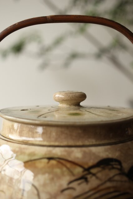 皆川マスか 益子焼 山水 土瓶 急須 P345｜骨董店 のびる 古美術 骨董