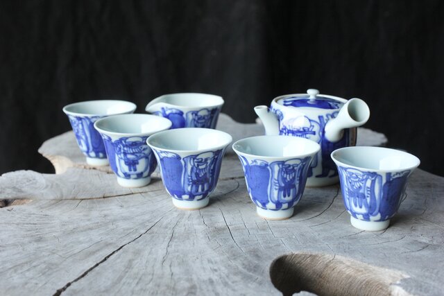 倣 青木木米/聾米 九谷 幡山造 染付 賢人図 煎茶器揃 急須 茶碗 5客 湯