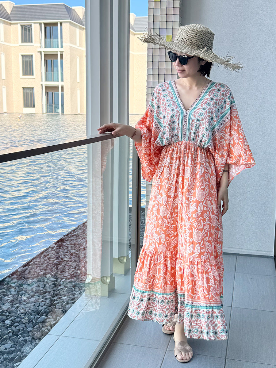 romy by the sea(ルーミーバイザシー)大人花柄オレンジマキシ