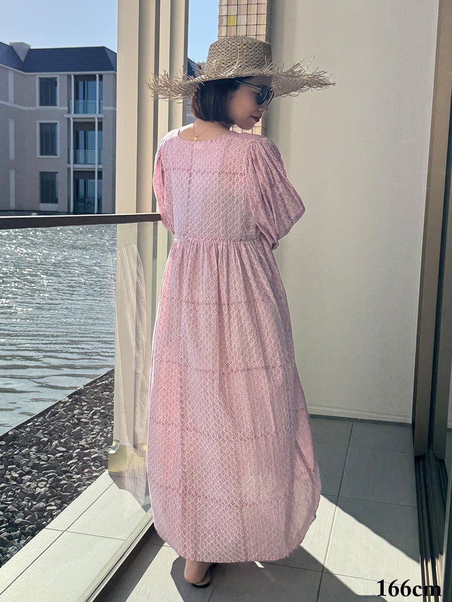 Eighty Seven(エイティセブン)インド綿フレア長袖ワンピース/ピンク