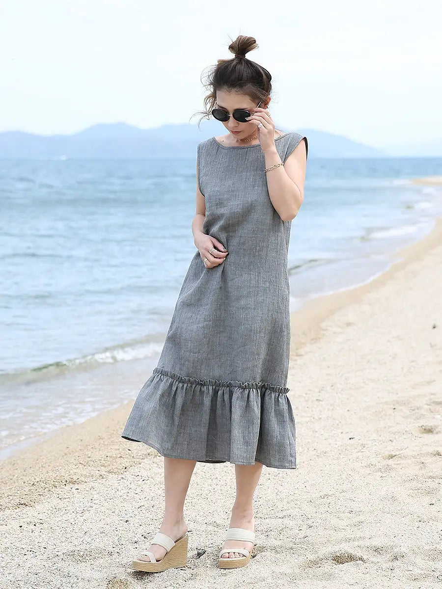 MOLABI(モラビ)近江ちぢみ（麻）背中開きマキシワンピース/ブラック