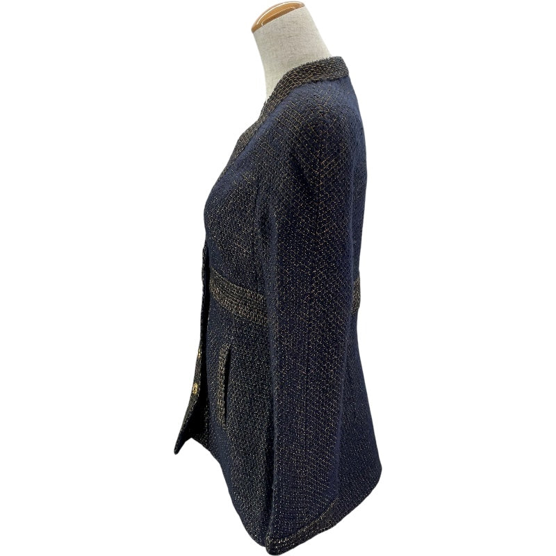 シャネル CHANEL ノーカラーツイードジャケット P61802 ネイビー