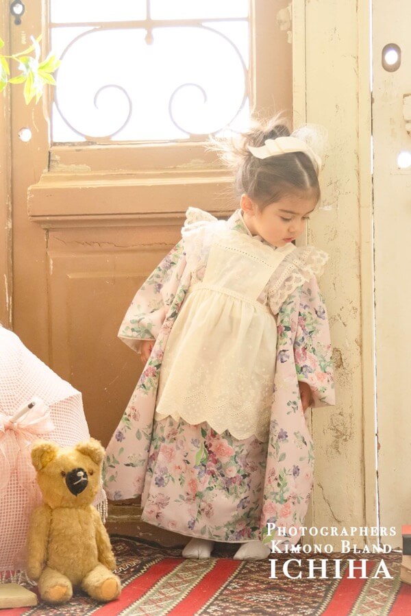 3歳七五三レンタル エプロン付セット ボタニカルピンク