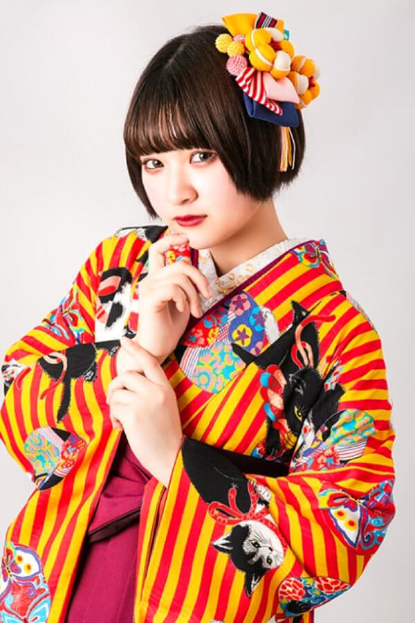 鞠遊猫柄 橙と山吹黄色 大正ロマンなアンティーク着物復刻デザイン卒業