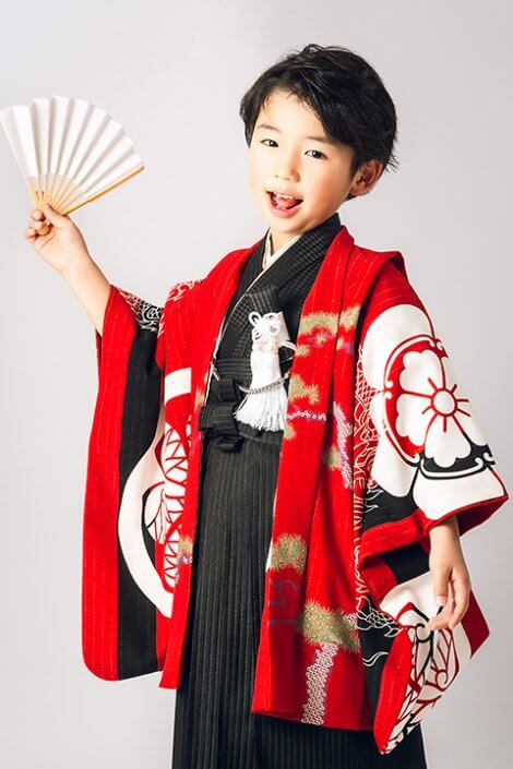 5歳七五三袴 レンタル 赤（家紋龍）