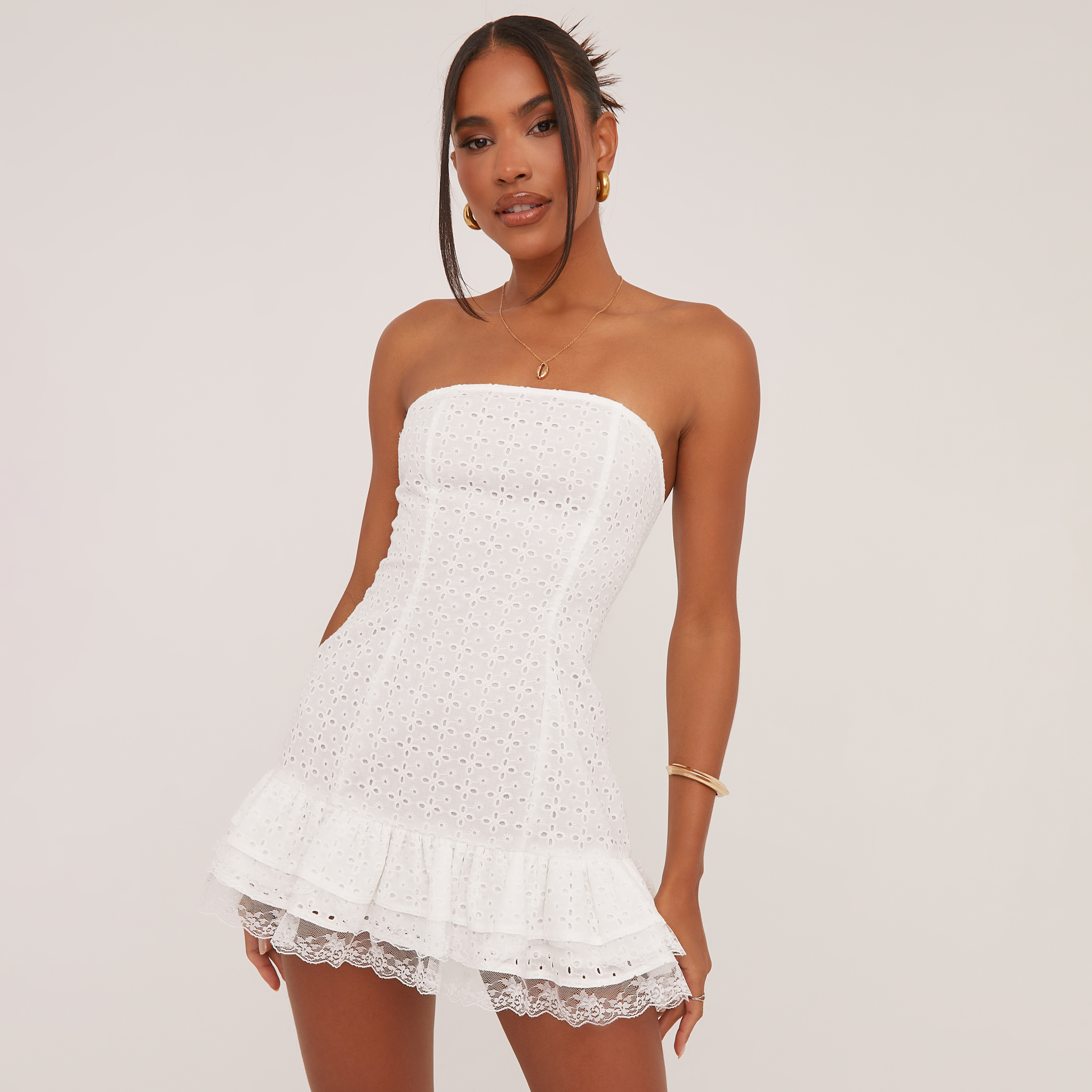 Bandeau Frill Hem Broderie Mini Dress In White | EGO