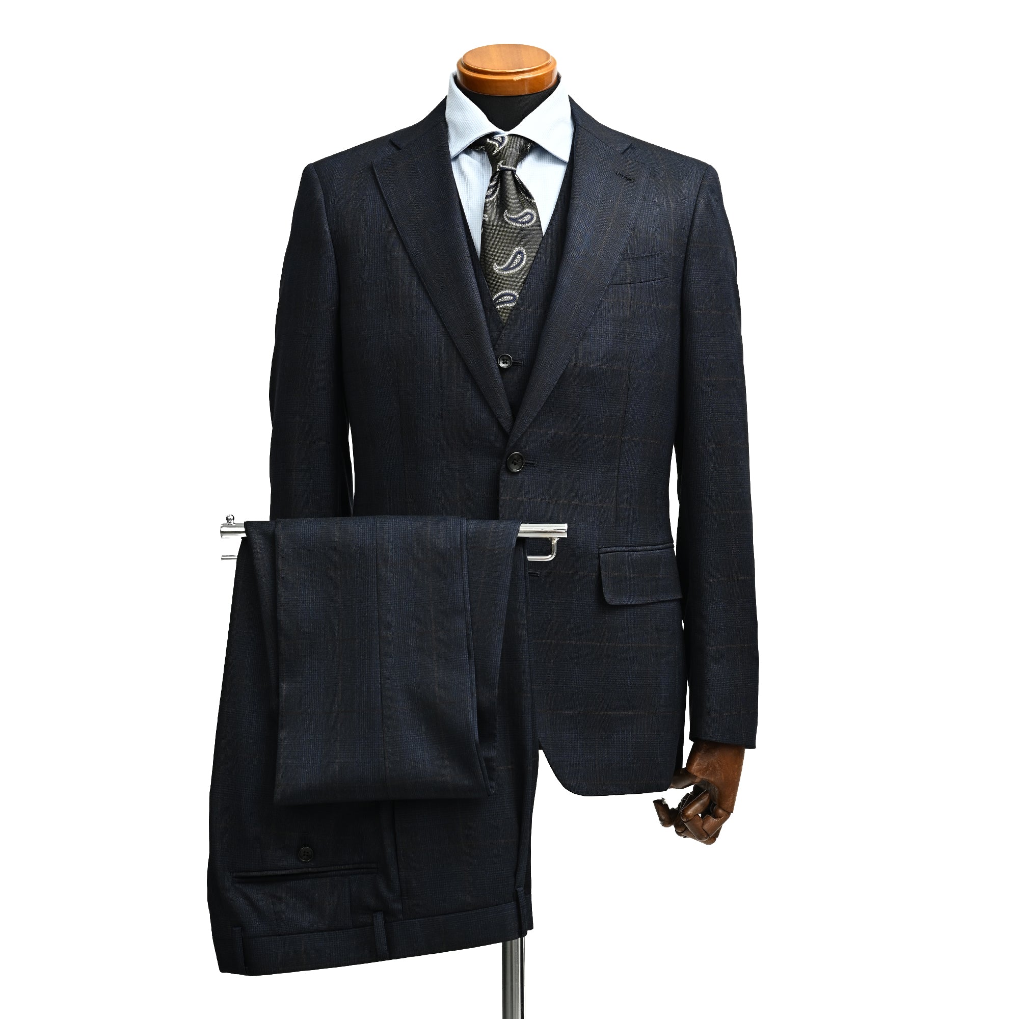 Super110'S スリーピース ウールスーツ 1タック グレンチェック ダーク