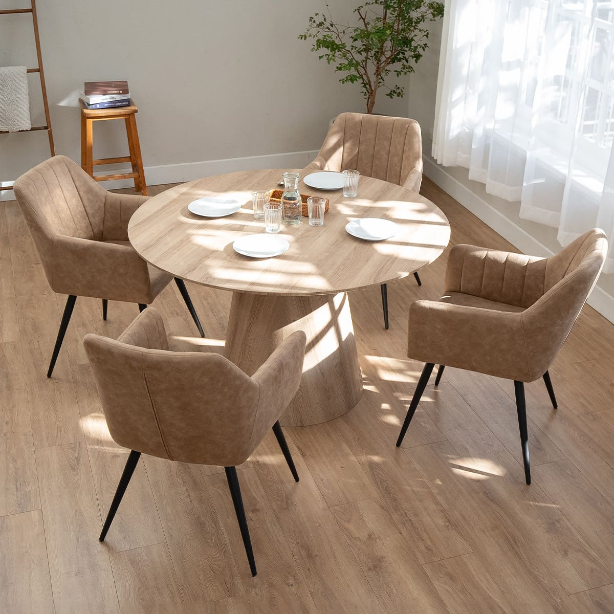 ダイニング5点セット 4人掛け 円形 テーブル チェア 食卓用 木目