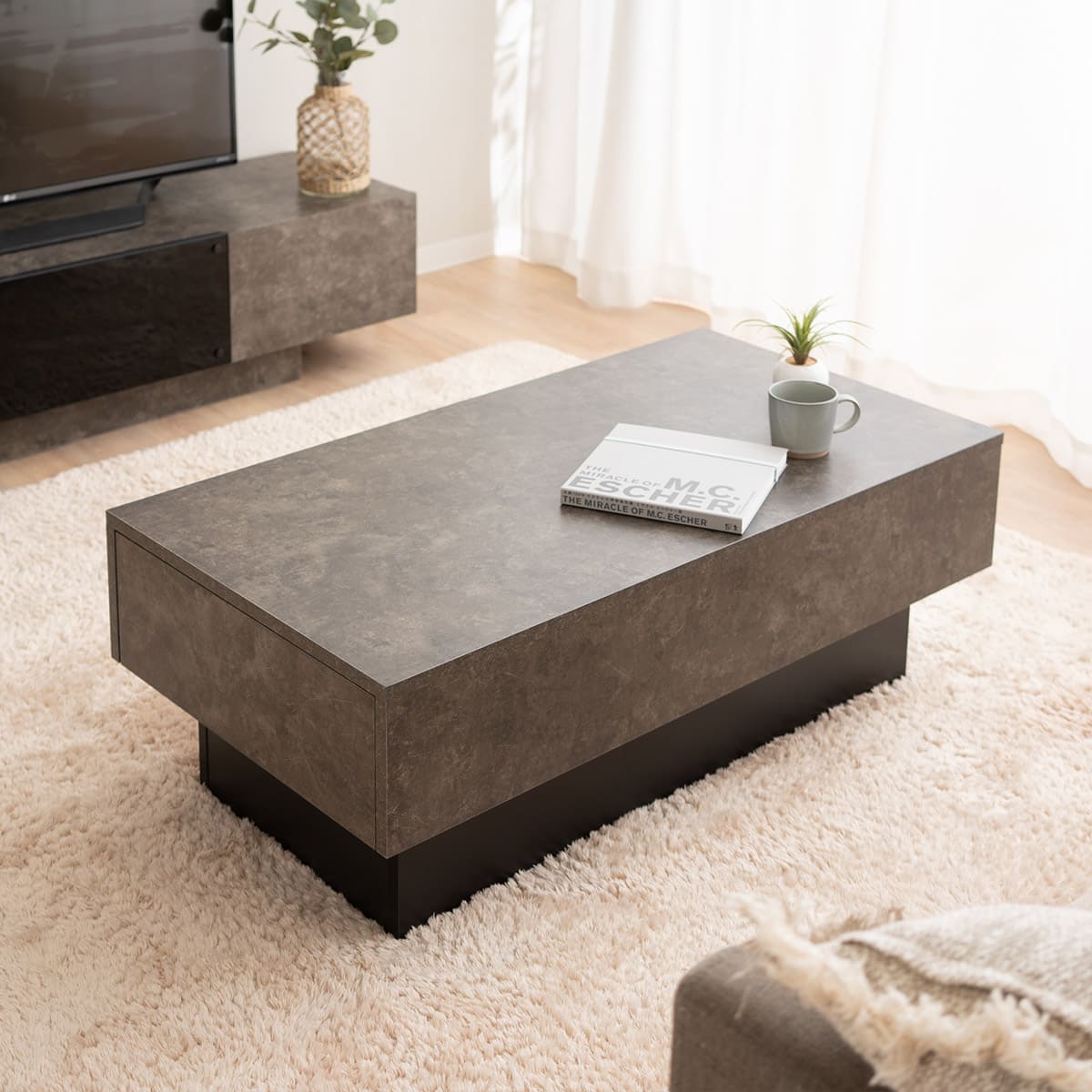 センターテーブル 引き出し収納付き 幅105cm 幅80cm セラミック調 木目