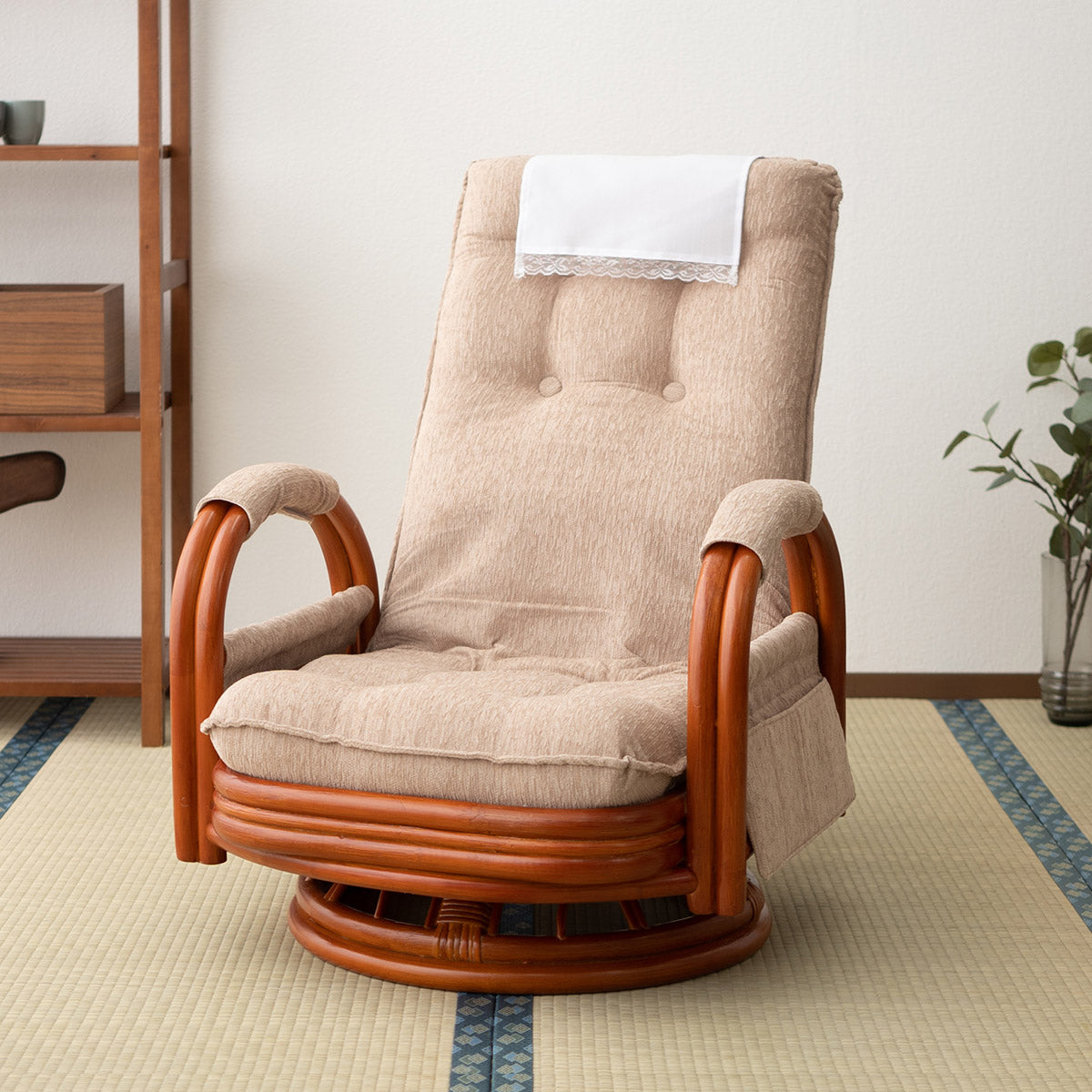 回転高座椅子 ラタン 籐 完成品 リクライニング 座面高27.5cm ロー