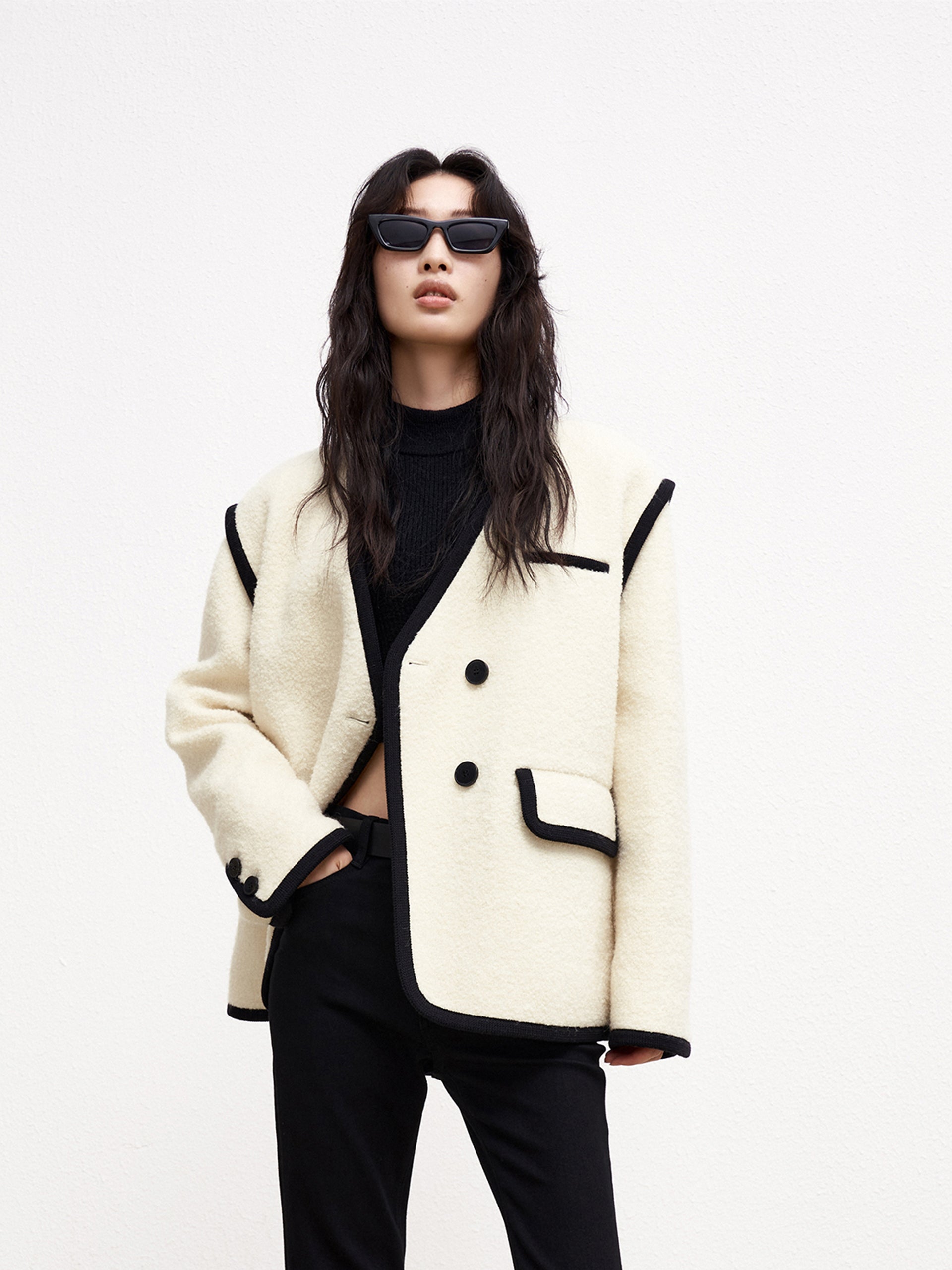 MO&Co.Women Double Breasted Contrast Midi Coat