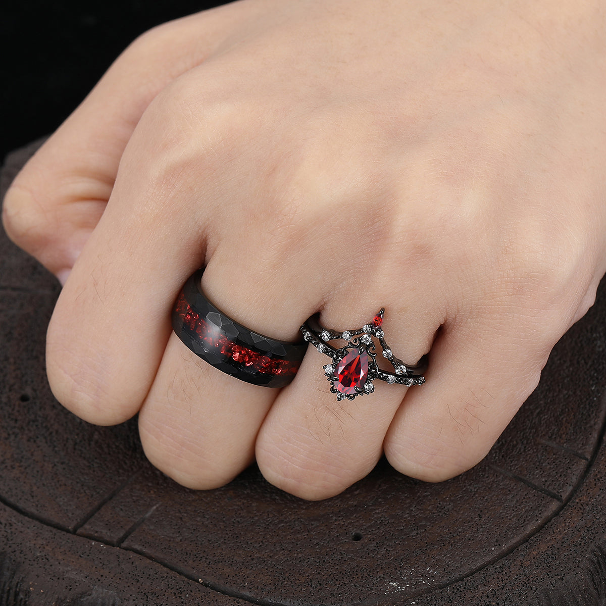 Dainty Scrolled Milgrained Natural Red Garnet Couple Ring Set