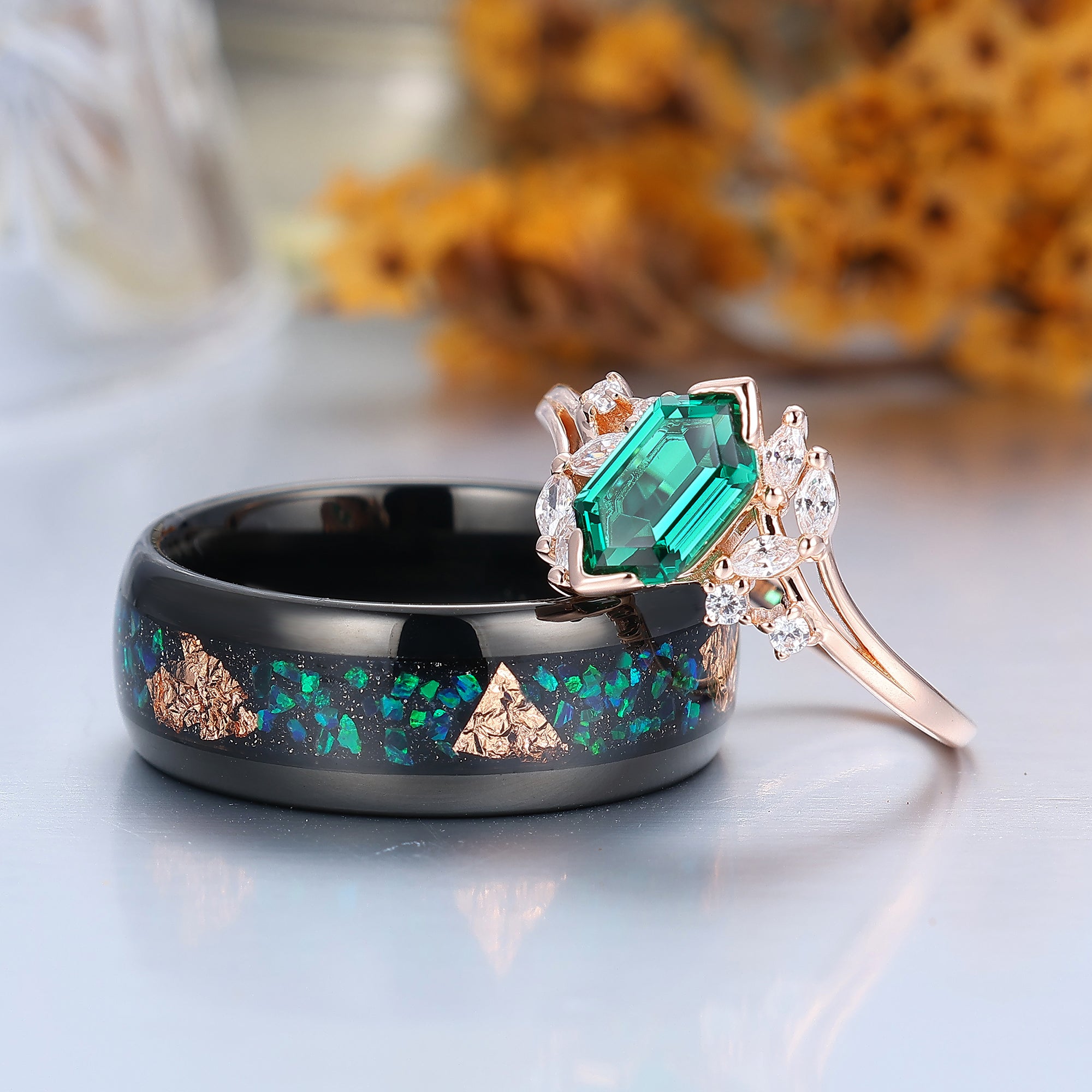 Retro Emerald Engagement Petal Promise Ring For Men For Women