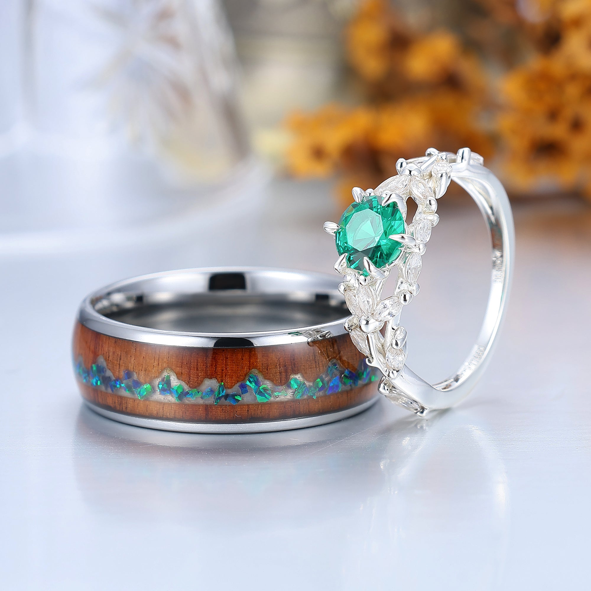 Artsy Branches Emerald Engagement His and Hers Wedding Rings Wood