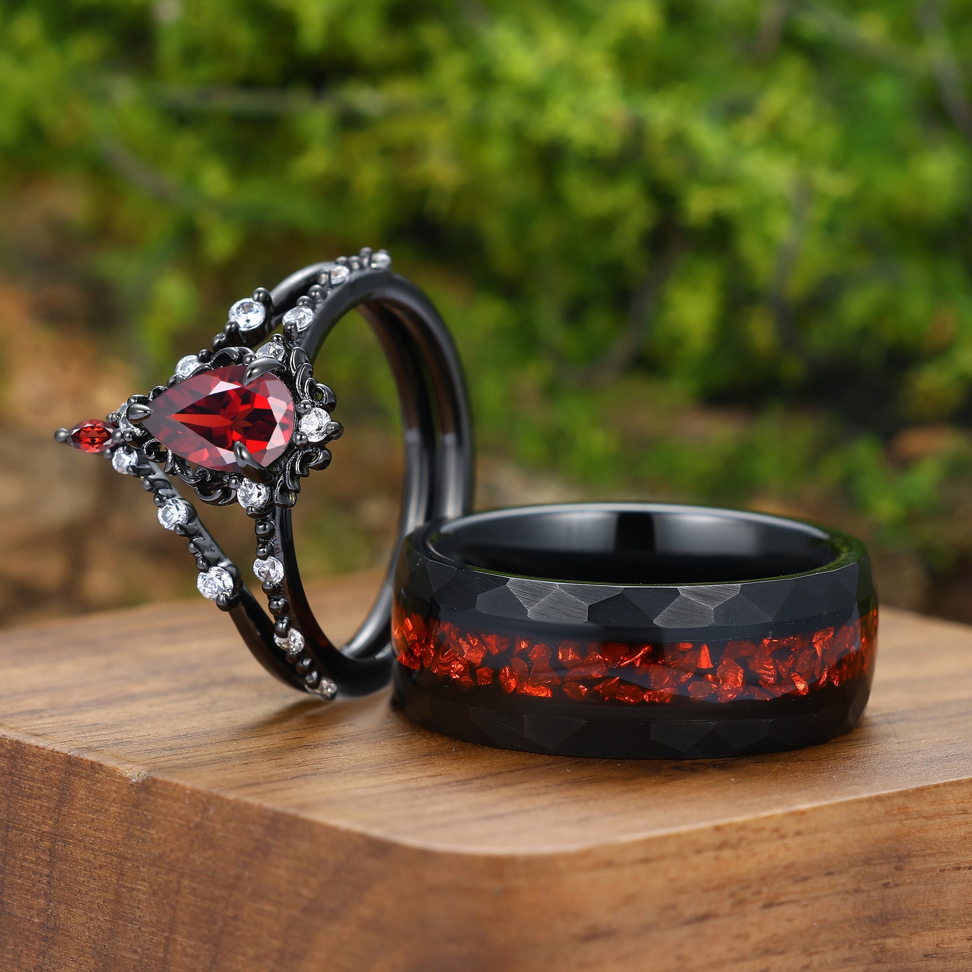 Dainty Scrolled Milgrained Natural Red Garnet Couple Ring Set