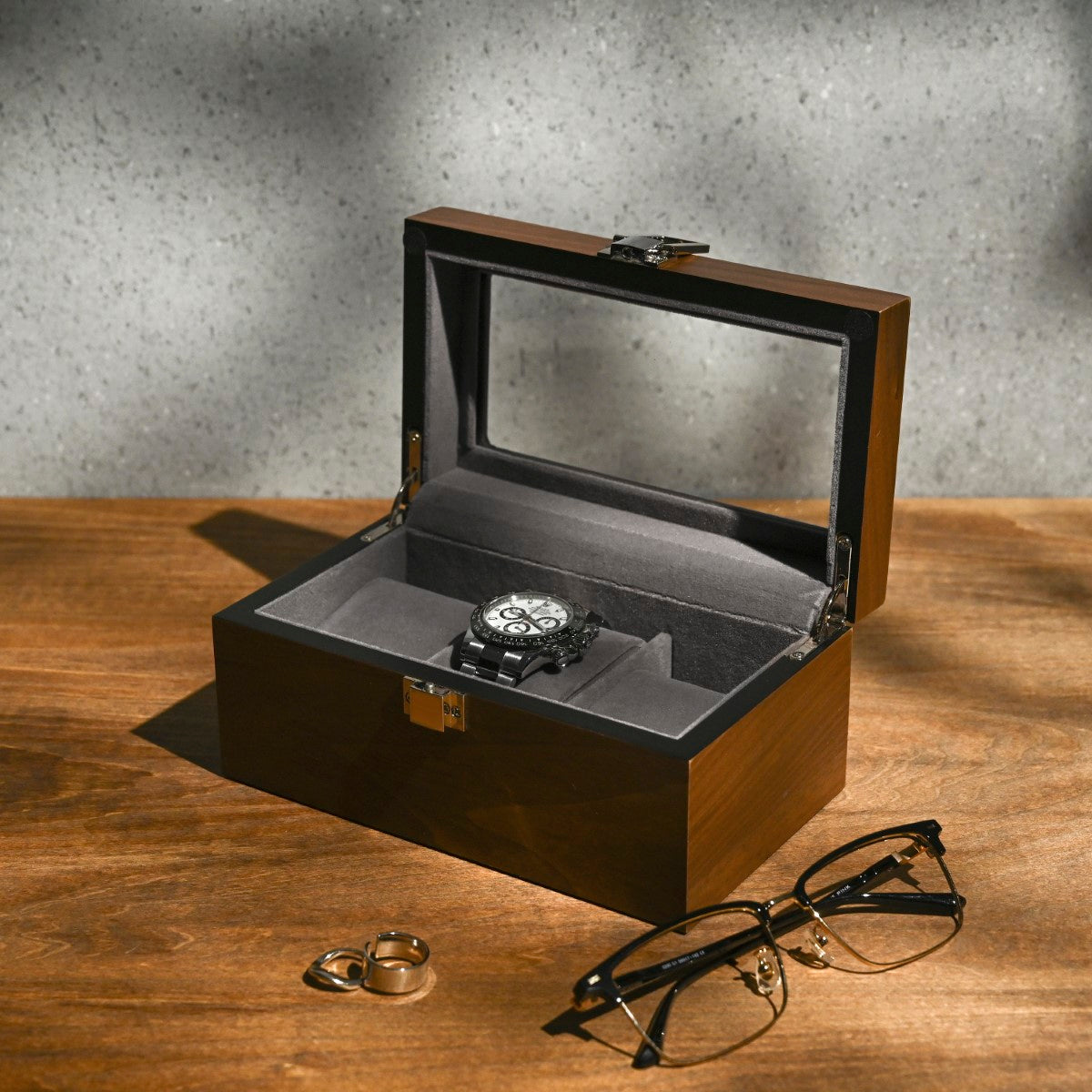 エスプリマ｜クルミ木製3本腕時計収納時計ケース(窓あり) クルミ木目