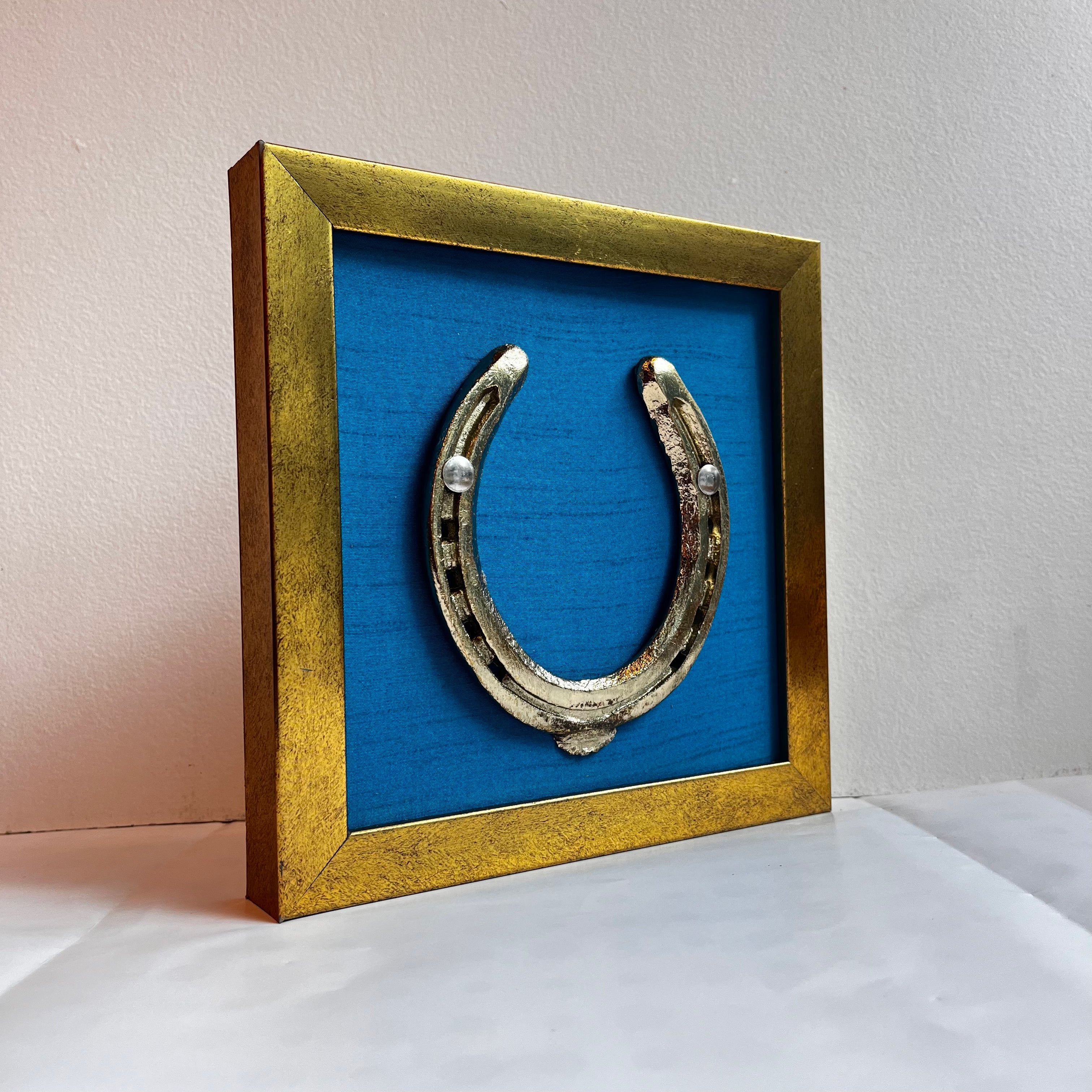 Good Luck Siver Horse Shoe with Blue silk background antique gold