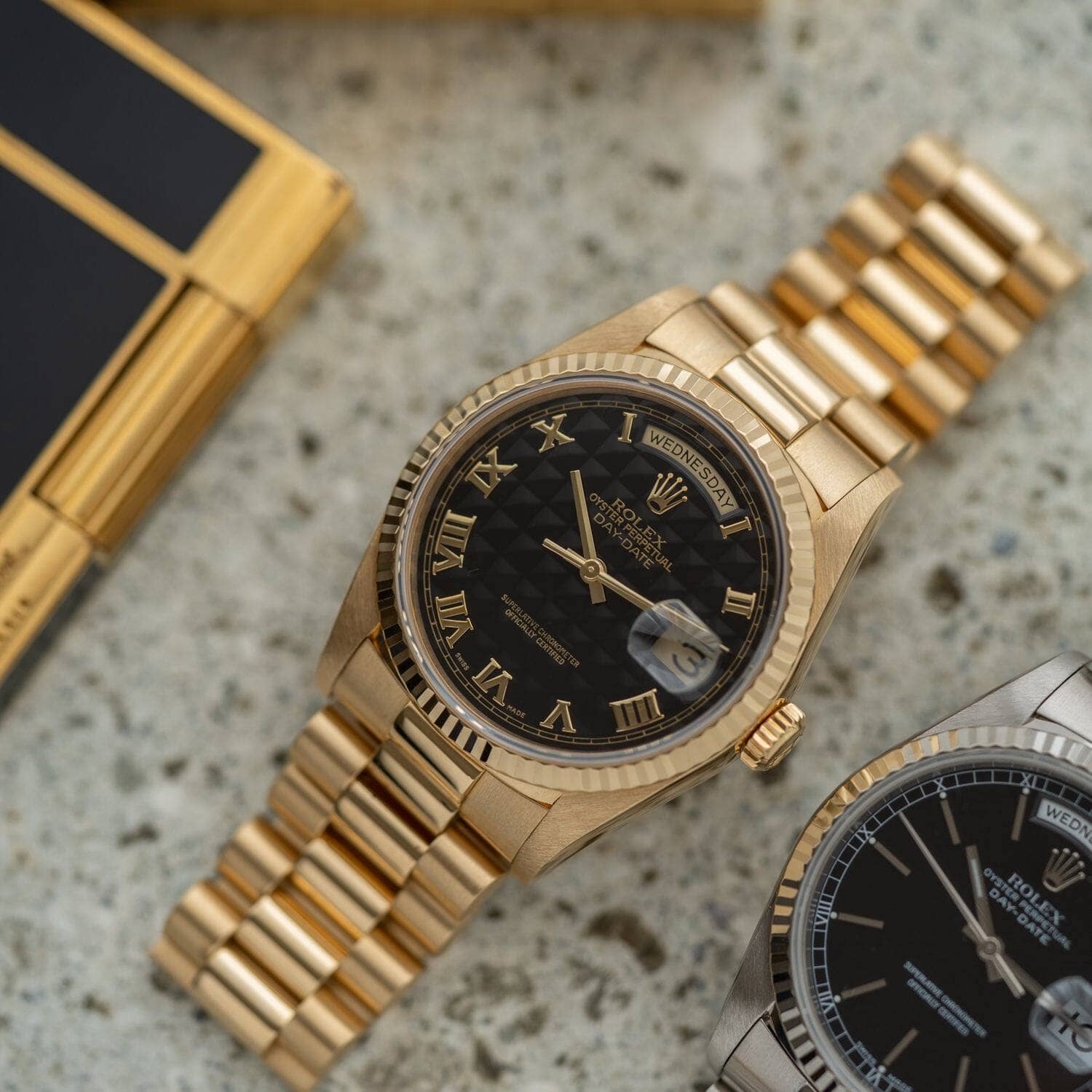 Rolex Day-Date 18238 YG Black Pyramid Dial Box and Paper | ARBITRO