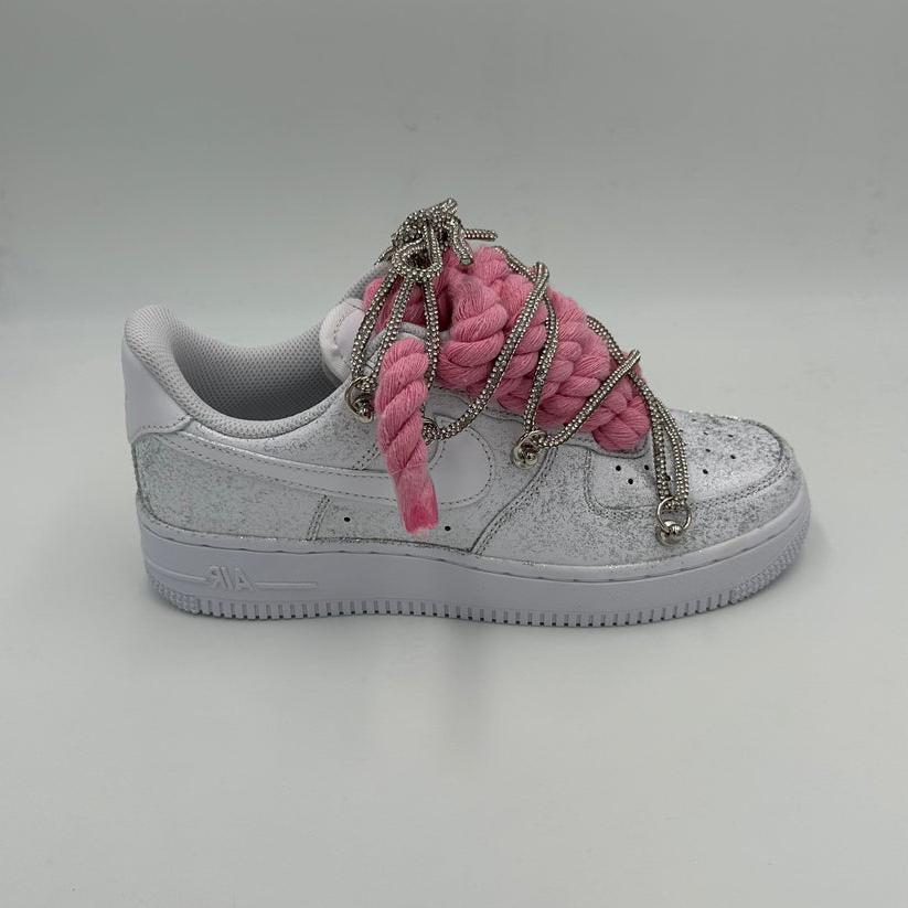 Nike Air Force 1 Glitter “Rope Laces Pink” Triple Crystal Silver