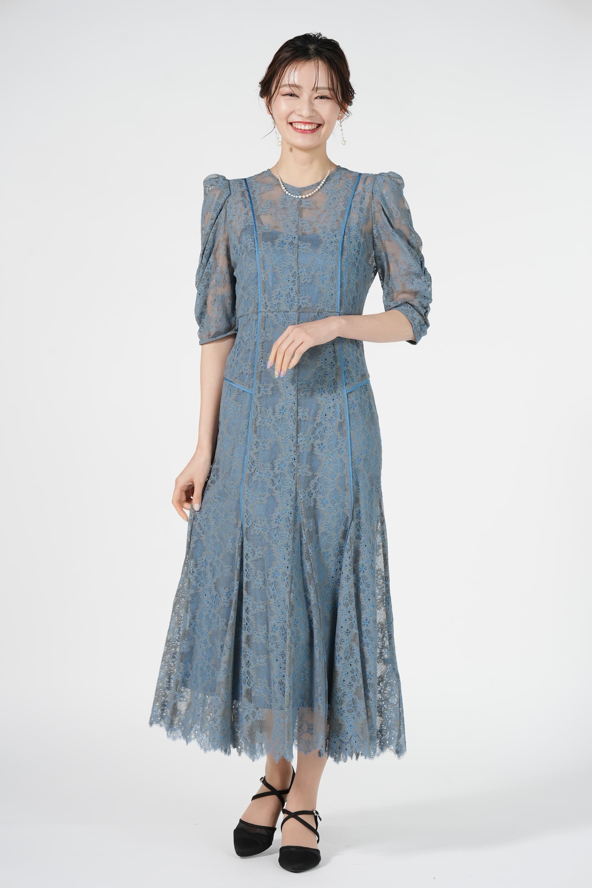 FRAY I.D 配色レースパイピングブルードレス (M) をレンタル - 結婚式