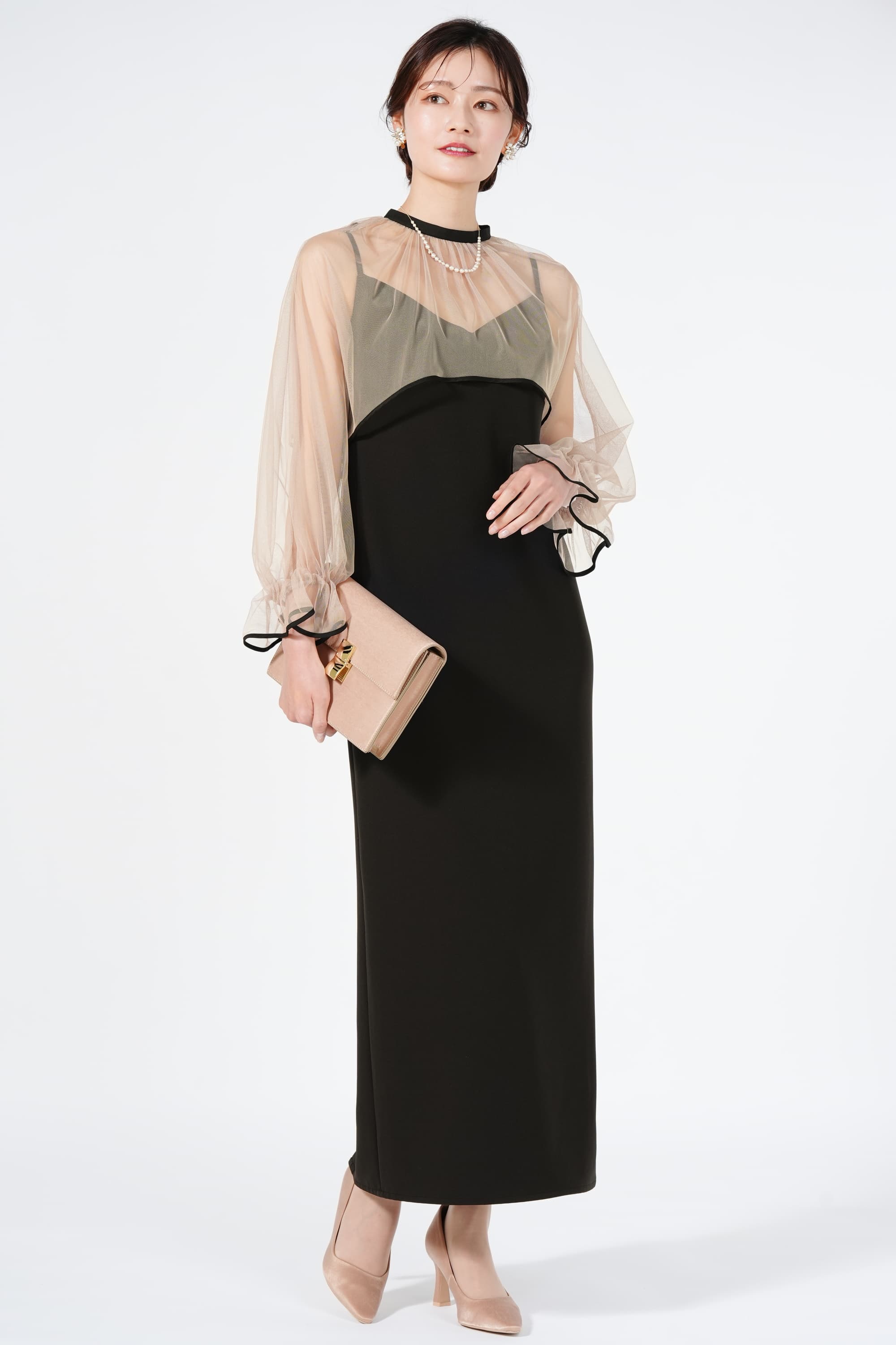 Ameri VINTAGE シアーチュールトップス付きブラックドレス (S) を