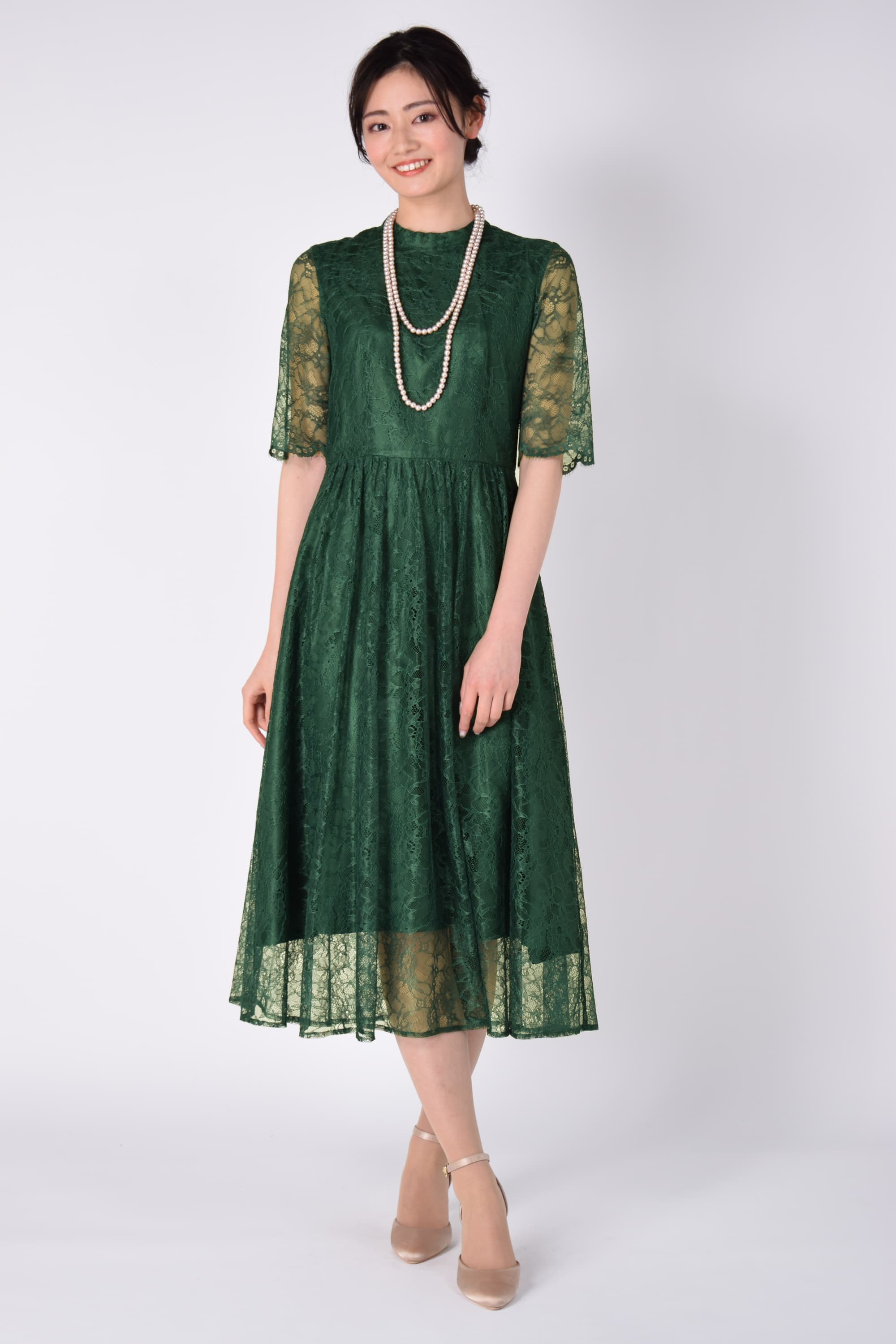 AIMER 総レースミディ丈グリーンドレス (S) をレンタル - 結婚式