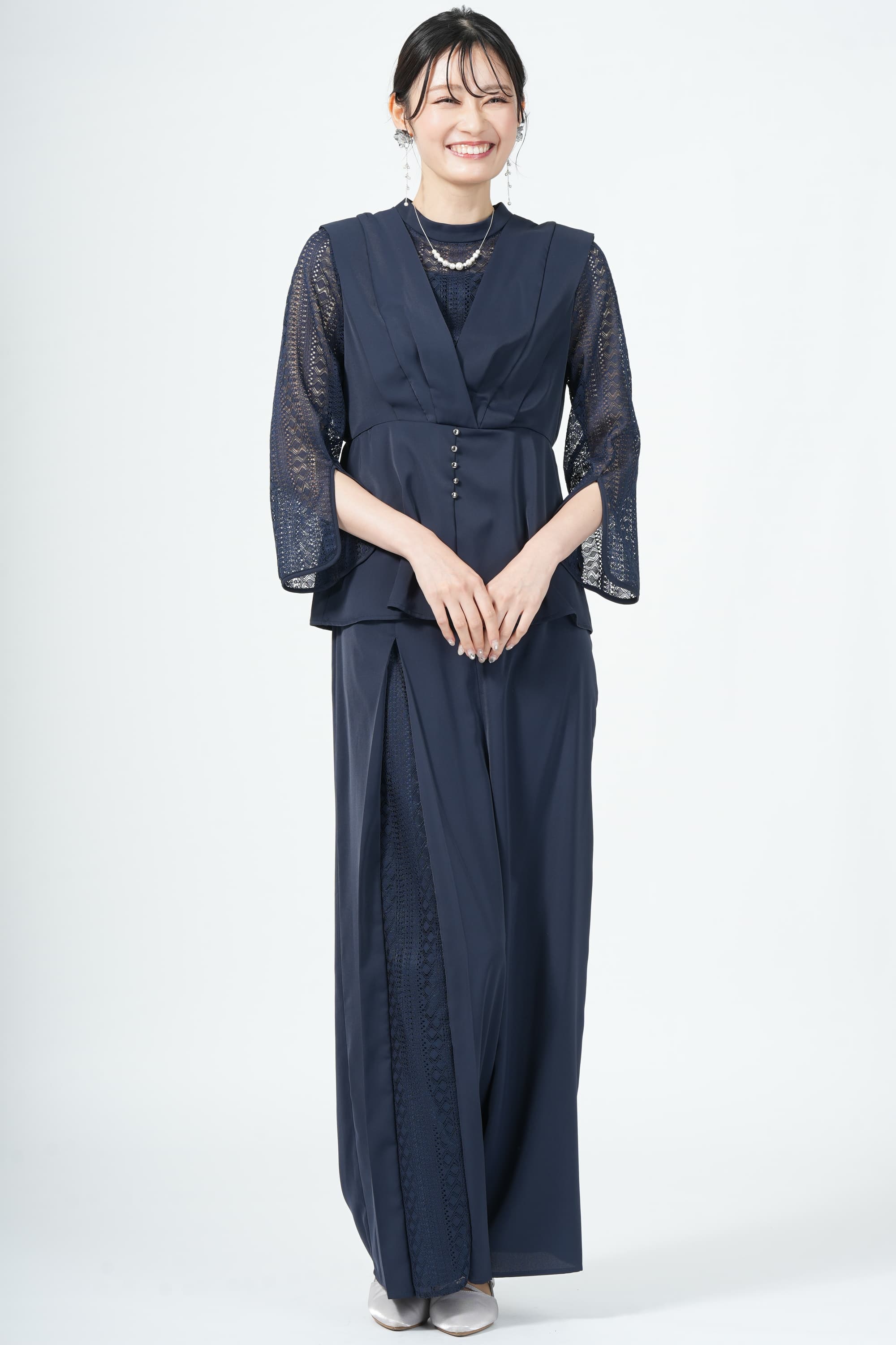 Callarus アシメレース切り替えネイビーパンツドレス (LL〜3L) を