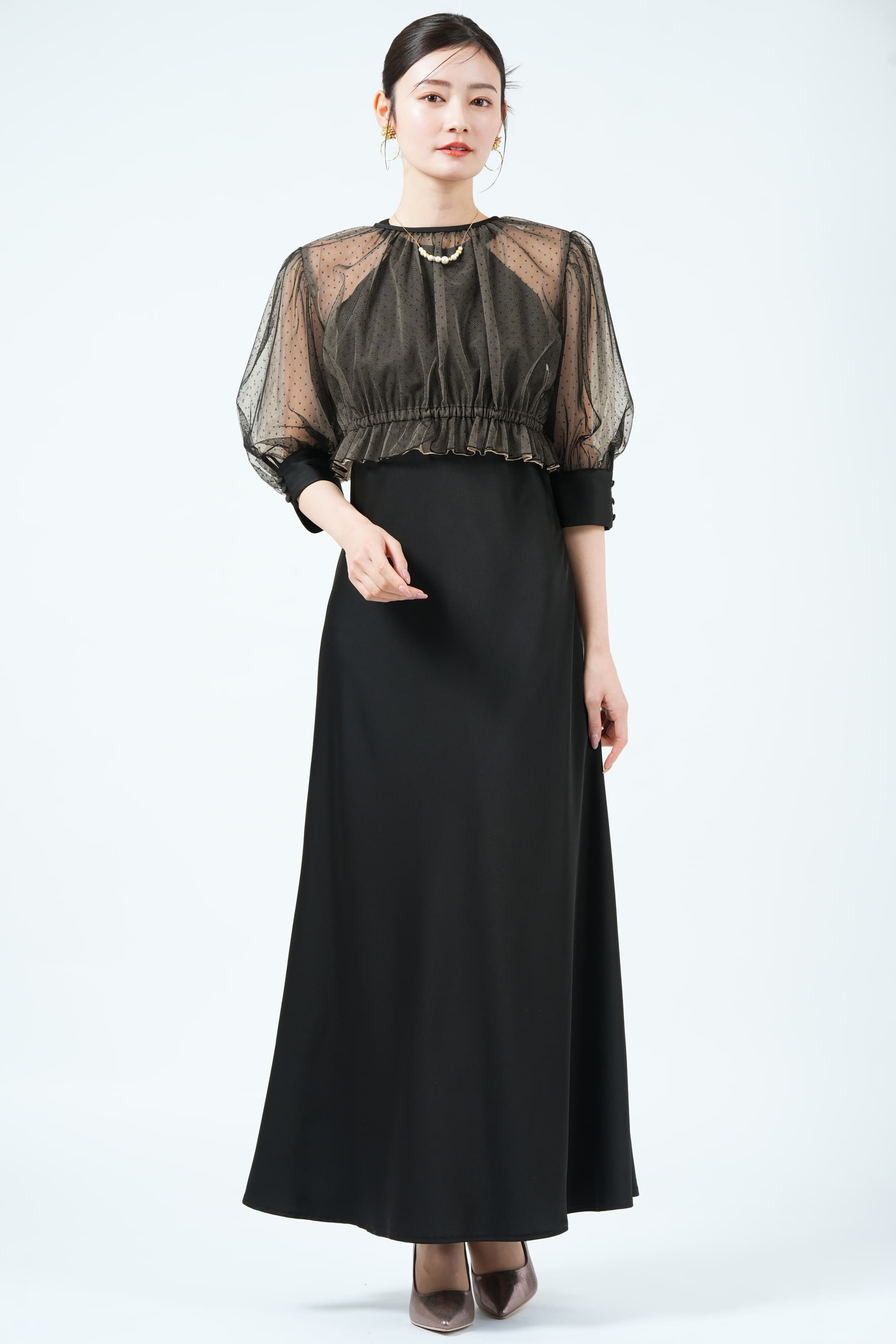 Ameri VINTAGE ドット柄チュールアメスリブラックドレス (S) を
