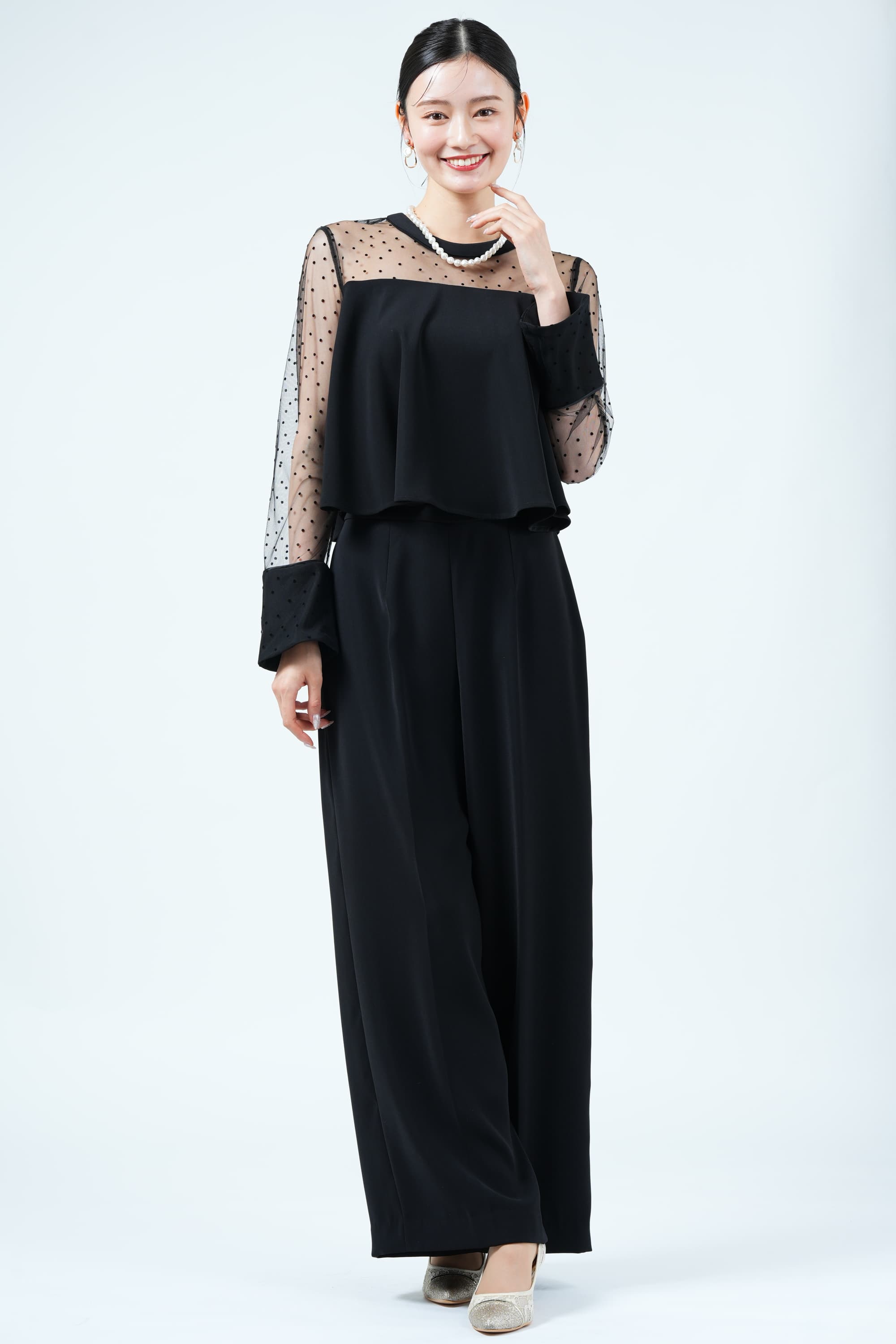 nano・universe フロッキードット切り替えブラックパンツドレス (M) を