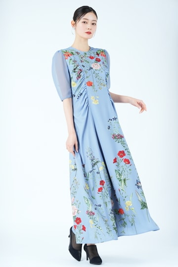 Ameri VINTAGE ボタニカルブルーム柄ブルードレス (M) をレンタル