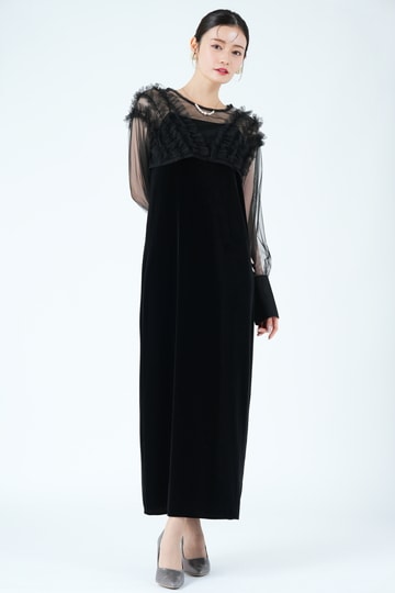 CAPRICIEUX LE'MAGE エアリーチュール×ベロアブラックドレス (S) を