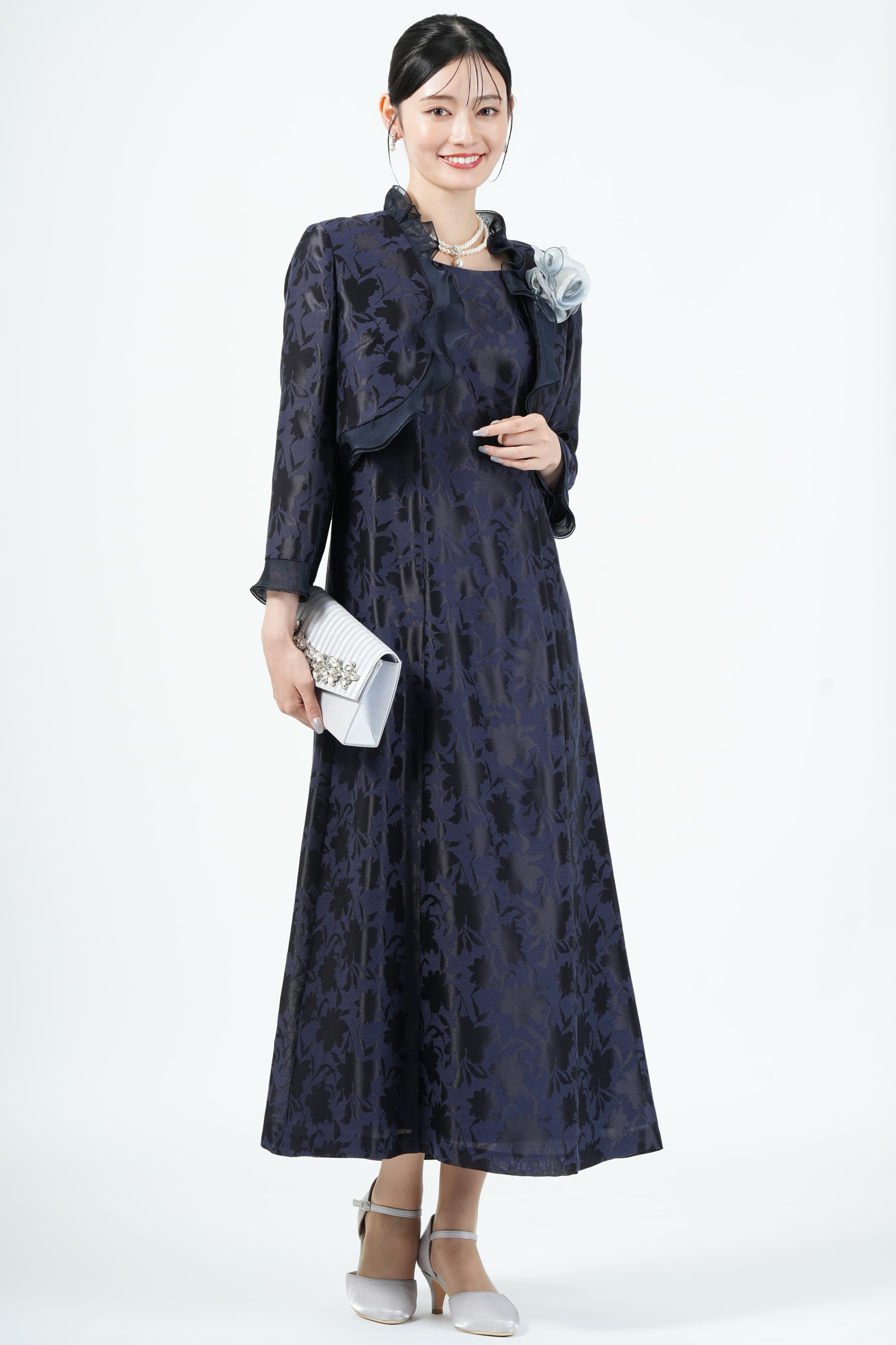 Yukiko Kimijima 東京ソワール フリルカラー×ジャガード織りネイビー