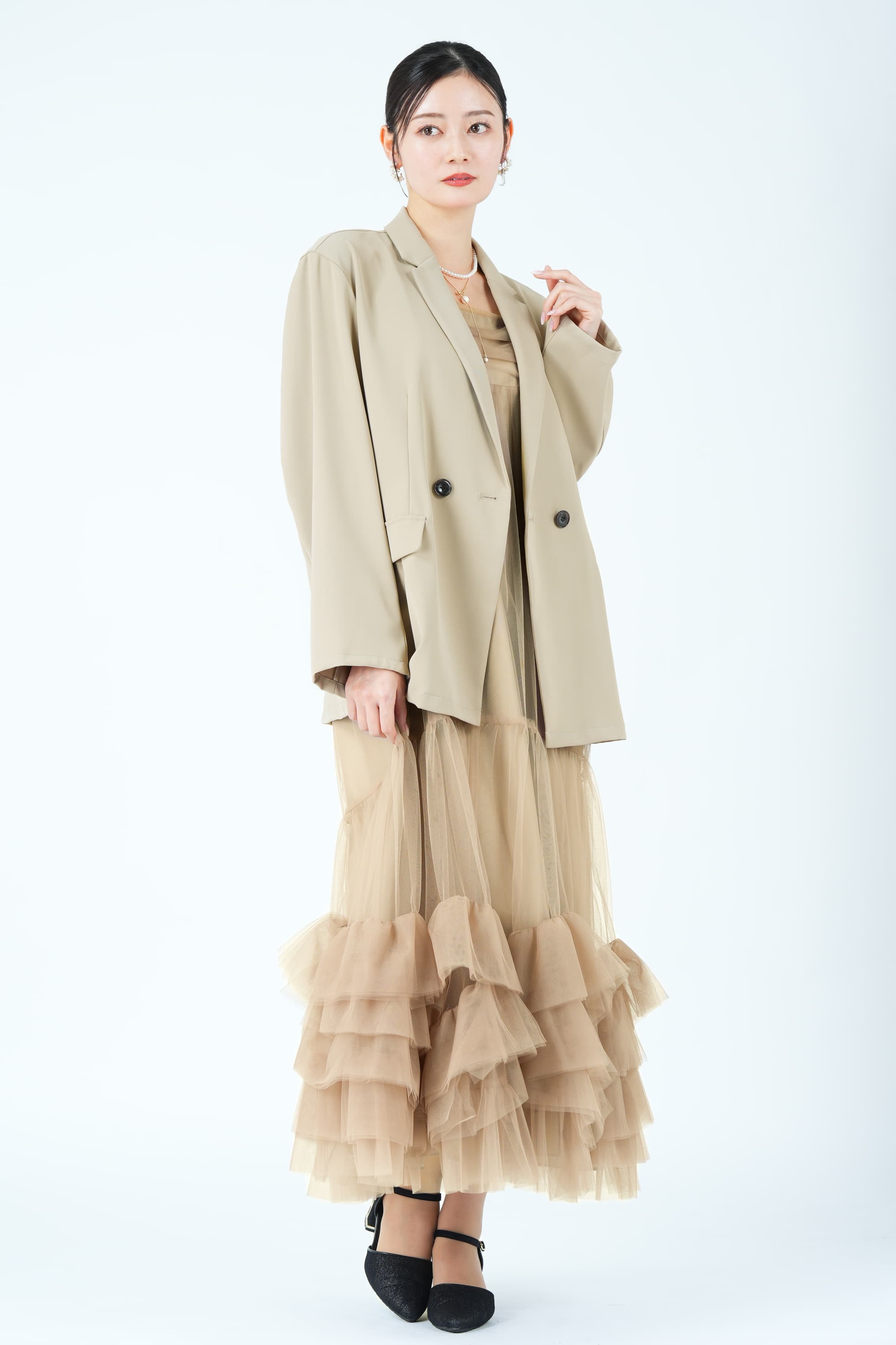 ANDRESD ジャケット×ティアードチュールベージュドレスセット (M) を