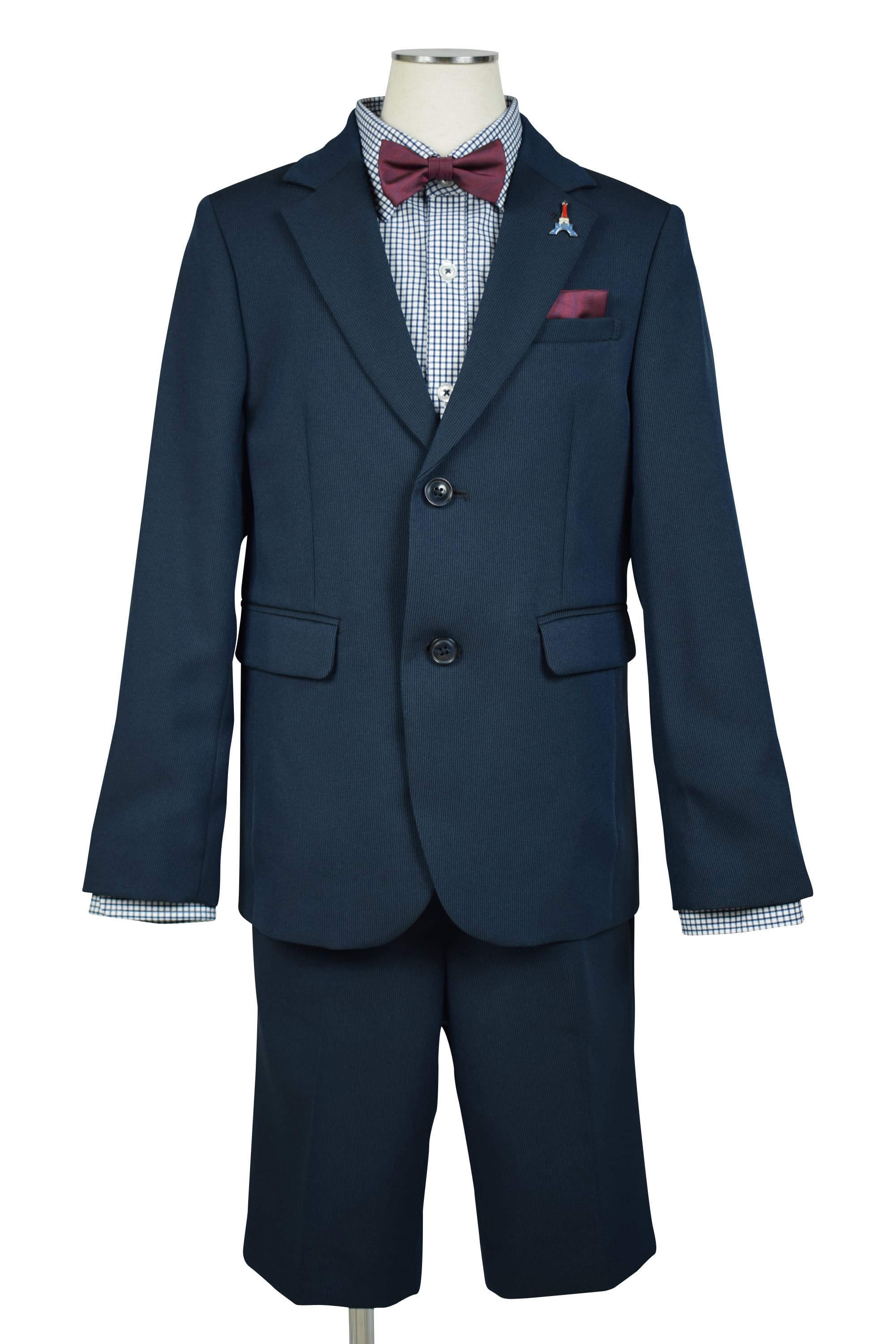 ELLE en noir チェックシャツ×蝶ネクタイネイビースーツセット (130cm