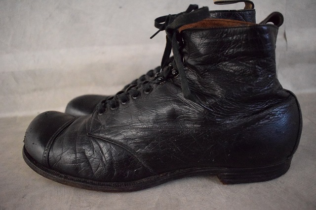 30年代 カンガルーレザー 革靴 ブーツ キャップトゥ 黒 ブラック