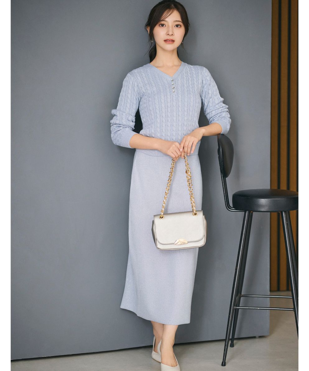 ミニケーブルプルオーバー+ストレートスカート ニットアップ｜Stola