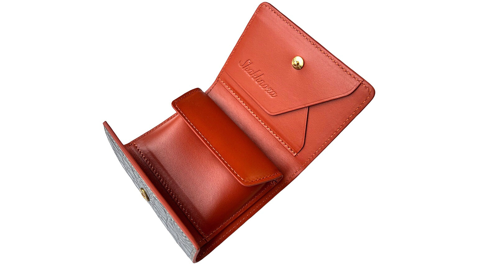 クロコダイル革｜折れない三つ折り財布｜灰/赤茶｜Shakhnoza – First Reach