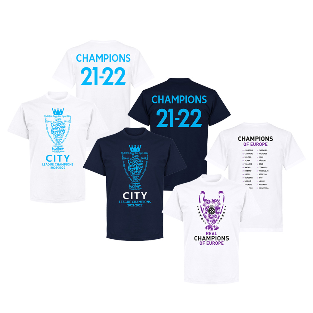 RE-TAKE よりシティ＆レアルの優勝記念Tシャツが予約受付中