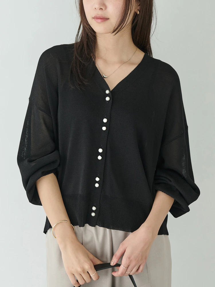 ブラック 【LAVEANGE(ラビアンジェ)】ダブルパール釦シアーニット