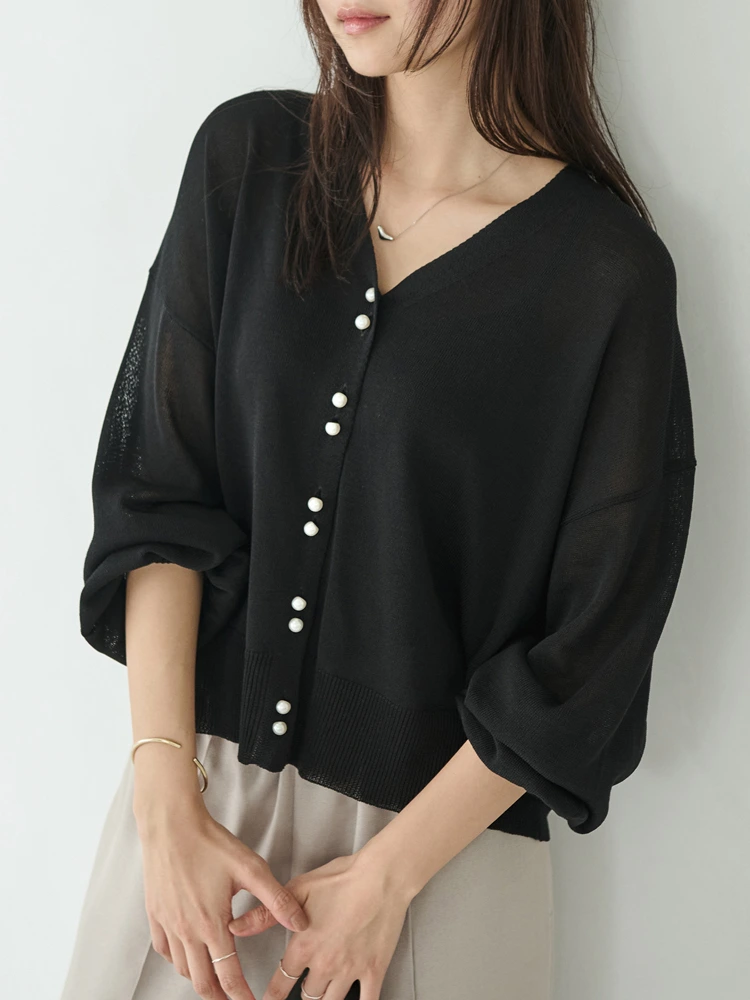 ブラック 【LAVEANGE(ラビアンジェ)】ダブルパール釦シアーニット