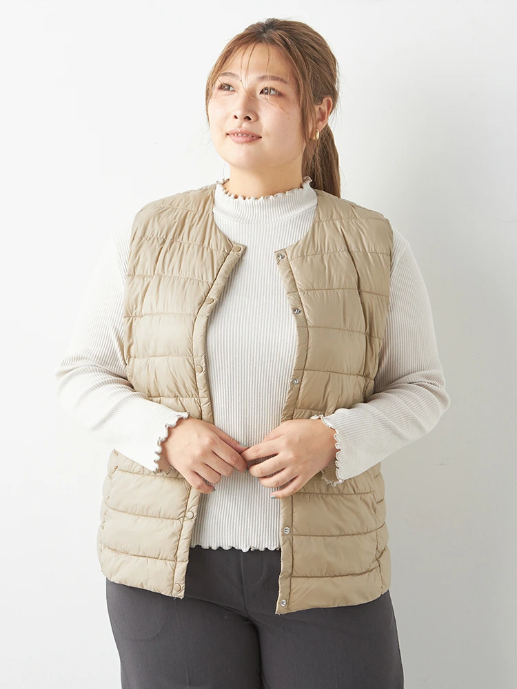 ブラック 【Viola(ビオラ)】ノーカラーファイバーダウンベスト