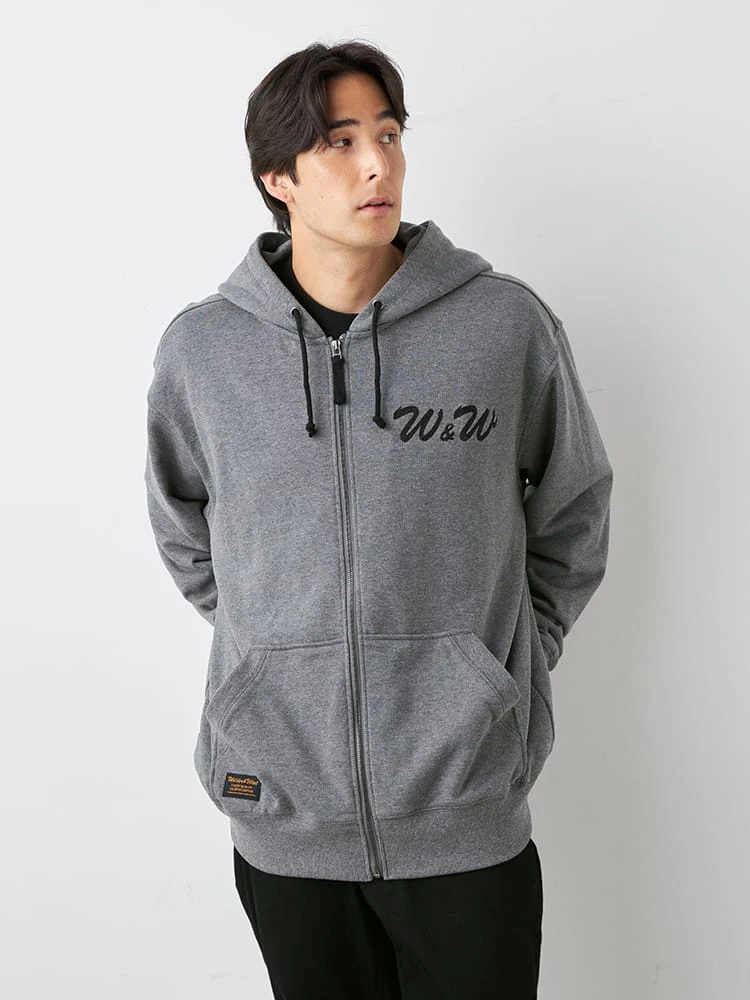 M．グレー 【WILDER&WEST】裏毛スウェット刺繍ZIPパーカー