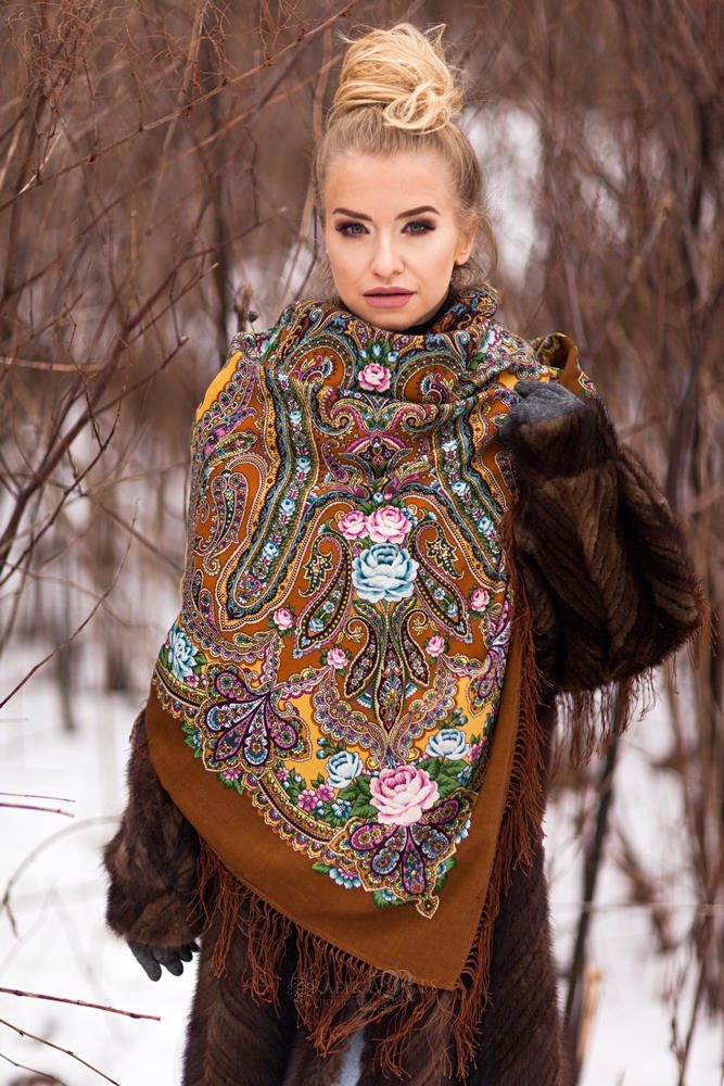 Wool shawl wrap for woman Russian Pavlovo Posad Scarf with Silk